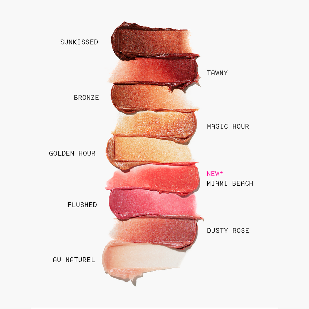 Several swatches of Jones Road Beauty's Miracle Balm, from Sunkissed to Au Naturel